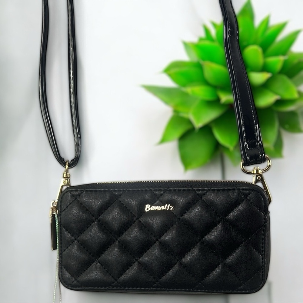 Bewaltz Black Quilted Vegan Leather Crossbody Wallet Bag with Gold Hardware New